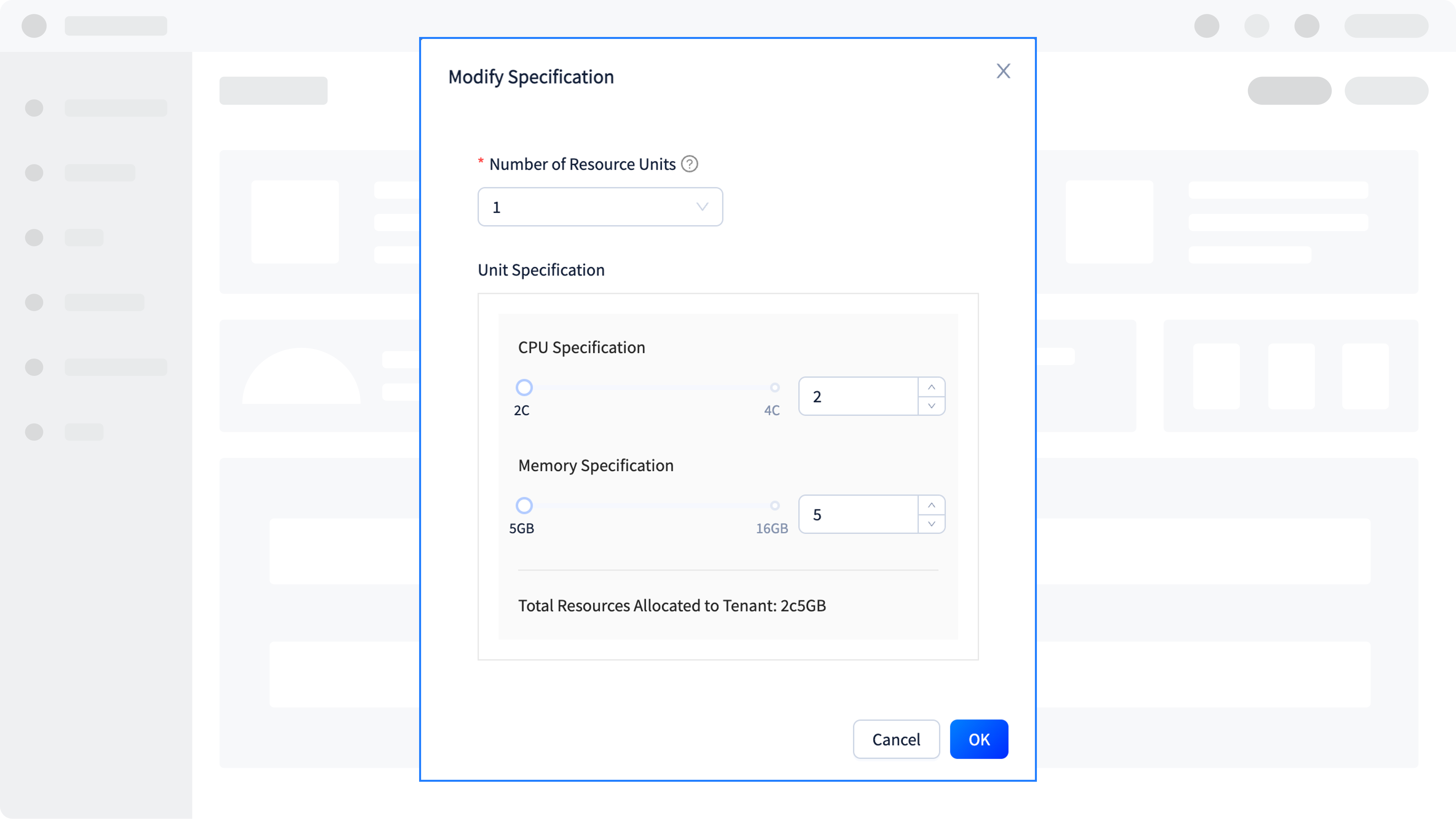 Modify resource specifications of a tenant