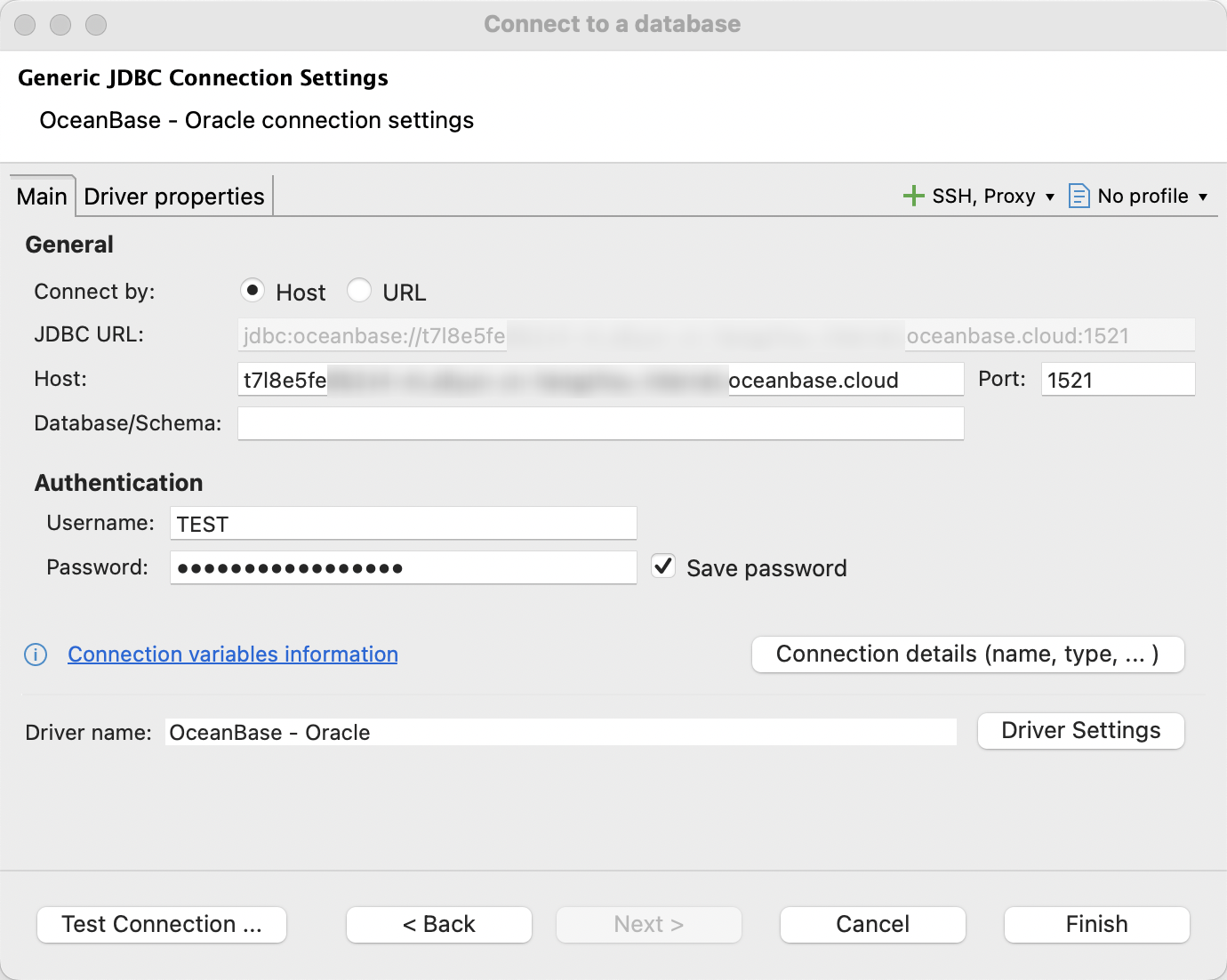 Oracle connection settings