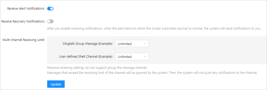 Custom settings for receiving alert notifications