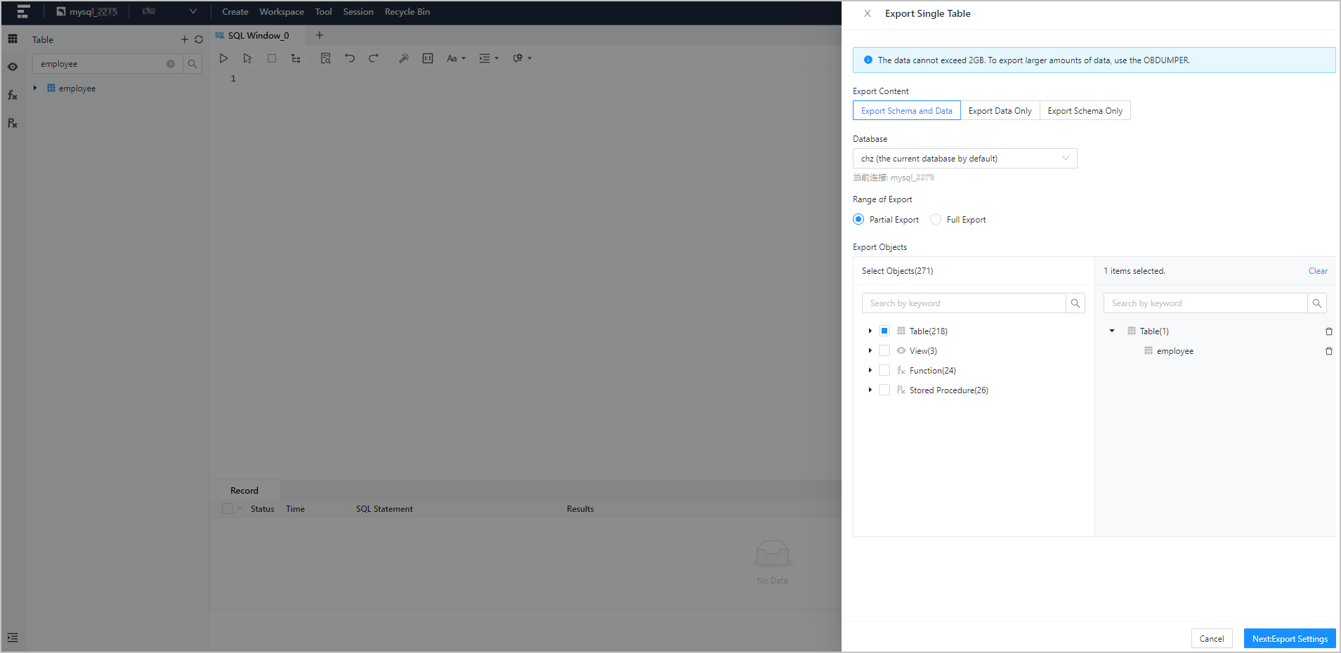 Single Table Export - 2