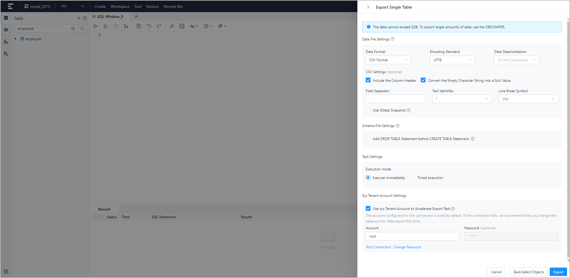 Single Table Export - 3