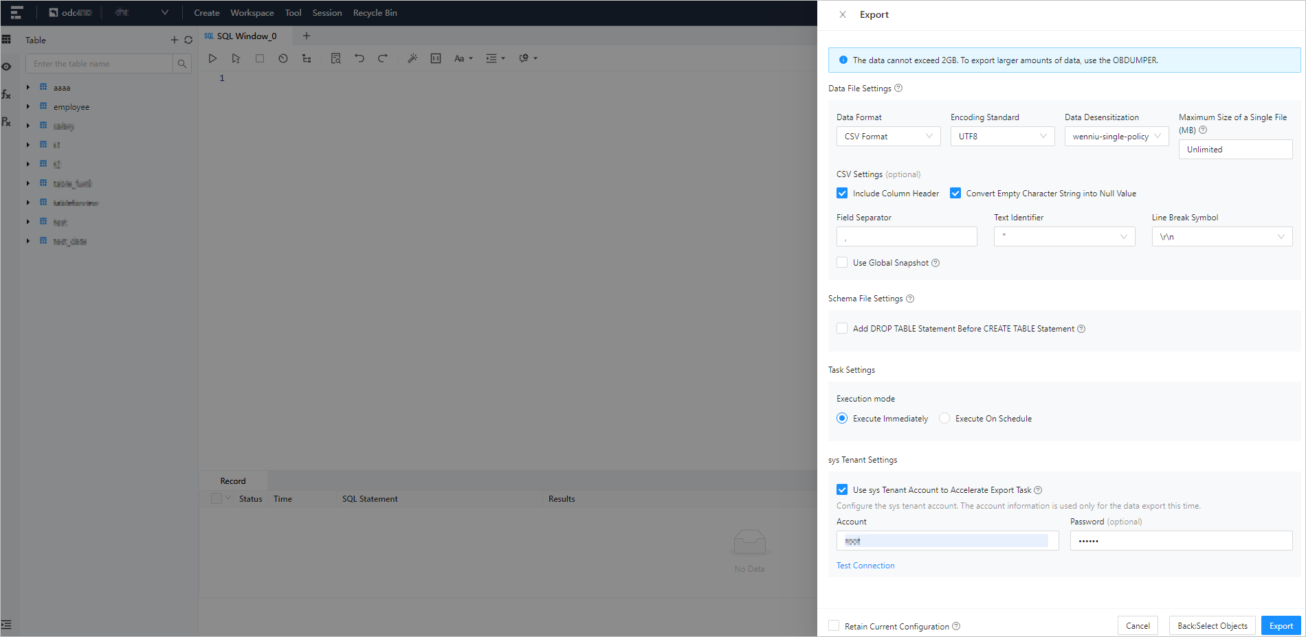 Single Table Export - 2