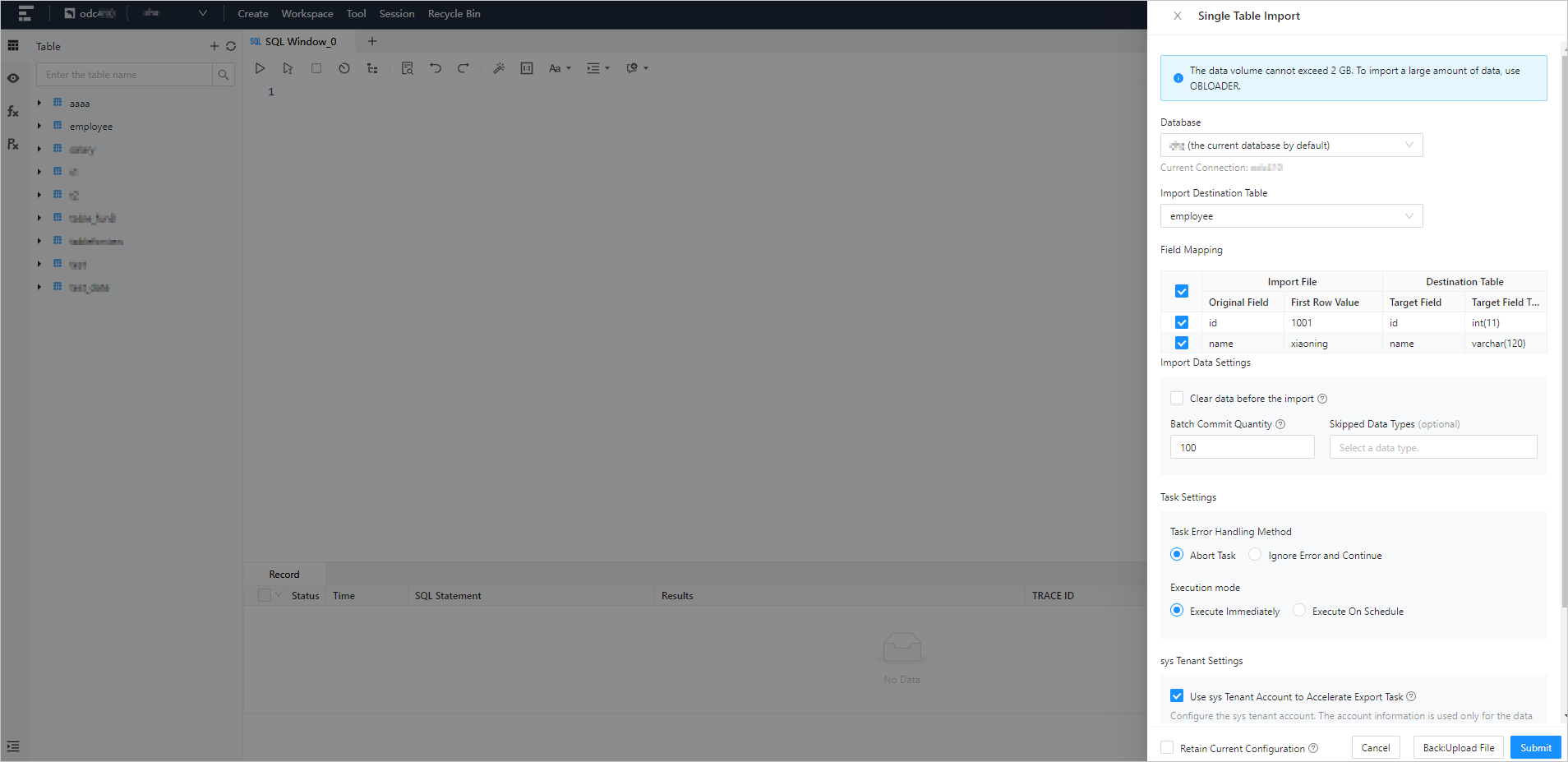 Single Table Import - 2